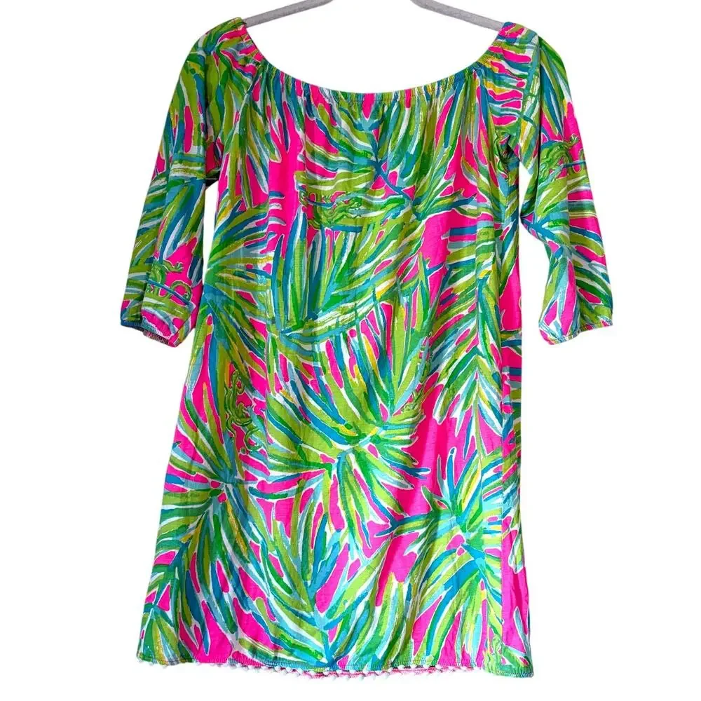 LILLY PULITZER Enna Off Shoulder Girl Mini Dress in Tiki Pink Royal Lime Size XL